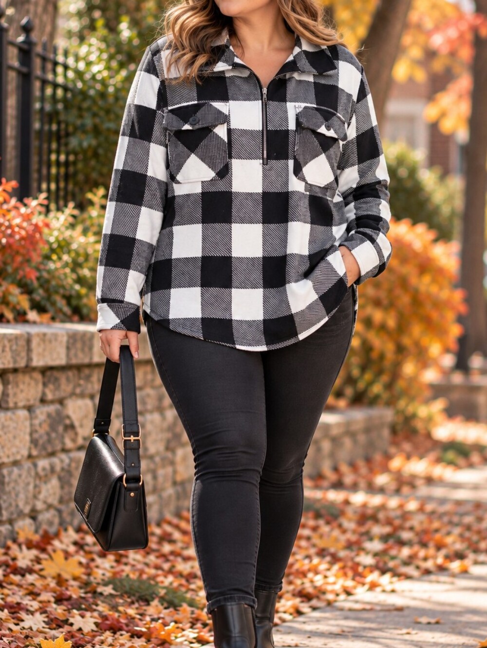 Cuddl Duds Black White Buffalo Plaid Half Zip Utility Shacket Jacket